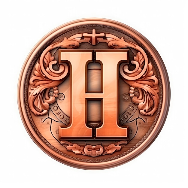 3D realistyczna litera H miedzi z antycznym ornamentem