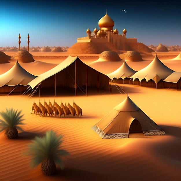3d realistyczna sztuka cyfrowa scena pustynna z VIII wieku z namiotami, końmi arabskimi, wielbłądami i islamskim t