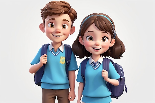 3D realistyczne urocze postacie uczniów w mundurze szkolnym z plecakiem i szczęśliwym uśmiechem na białym tle ilustracja wektorowa
