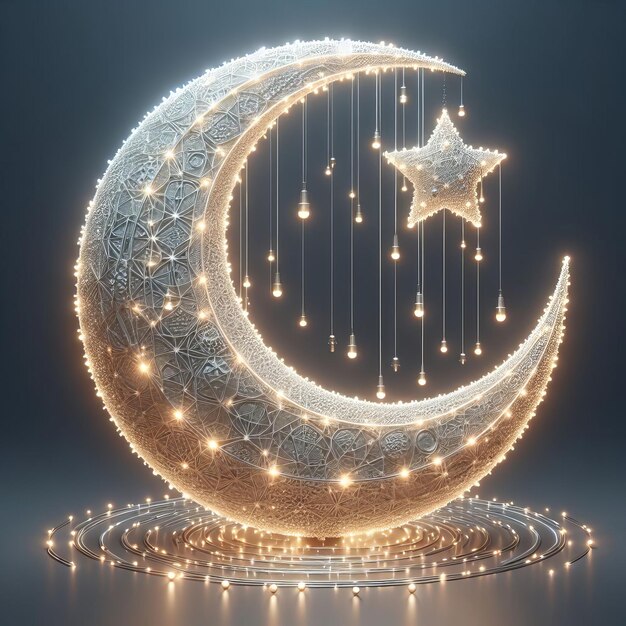 Zdjęcie 3d realistyczny półksiężyc wykonany z pięknych świateł z tematem ramadanu izolowanym na tle gene