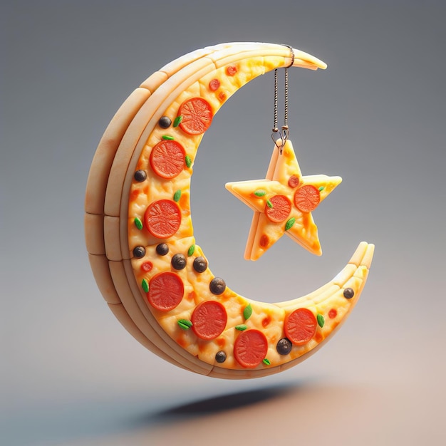 3D realistyczny półksiężyc wykonany z pizzy z tematem ramadanu odizolowanym na tle