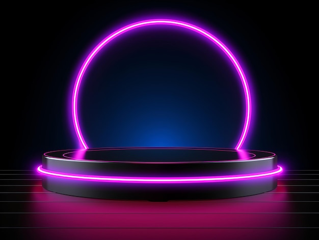 Zdjęcie 3d realistyczny pusty czarny krąg podium z kręgami neon jasnego czarnego tła