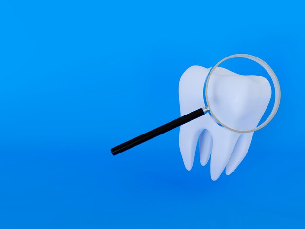 3d realistyczny zdrowy ząb z lupą na niebieskim tle Koncepcja leczenia zębów