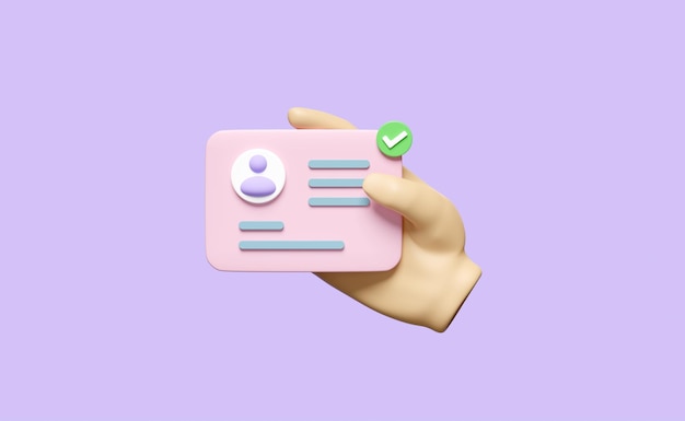 Zdjęcie 3d ręczna ikona karty tożsamości z znaczkiem wyodrębnionym na fioletowym tle ludzkie zasoby plastikowa karta poszukiwania pracy koncepcja ilustracji renderingu 3d