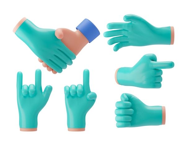 3d Ręka Lekarza W Niebiesko-zielonych Gumowych Rękawiczkach Pokazuje Różne Gesty Podczas Prezentacji, Reklam. Renderowanie Ilustracji 3d.