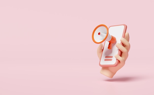 3D ręka trzymająca telefon komórkowy pomarańczowy smartfon z megafonem ręczny głośnik izolowany na różowym tle szablon zakupów internetowych koncepcja ilustracja renderingu 3D