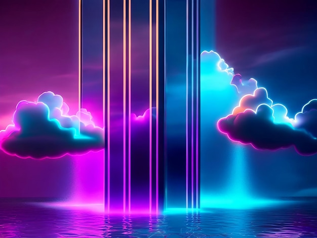 Zdjęcie 3d render abstract neon background with cloud glowing vertical lines and water fantastic seascape