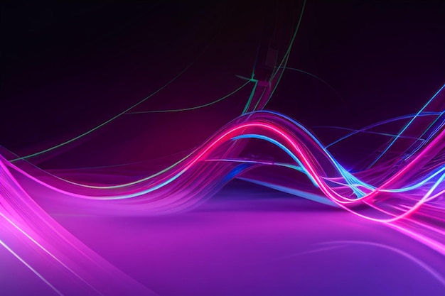 Zdjęcie 3d render abstrakcyjne panoramiczne tło z świecącymi falami neonowymi światło ultrafioletowe wykres równomiernik pokaz laserowy impuls impuls linii zasilania