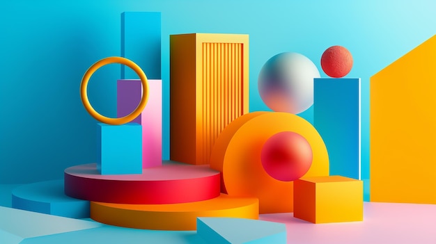 3d render abstrakcyjne tło Minimalne kształty geometryczne kompozycja Błyszczący kolorowy podium do prezentacji produktu