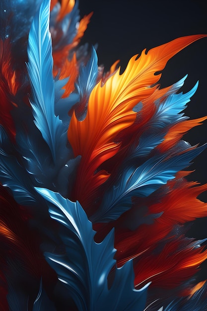 3D render abstrakcyjnego tła fraktalnego z niebieskimi i pomarańczowymi piórami