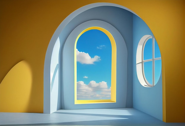 3D render abstrakcyjnego tła z niebieskim niebem wewnątrz łukowych okien na żółtej ścianie