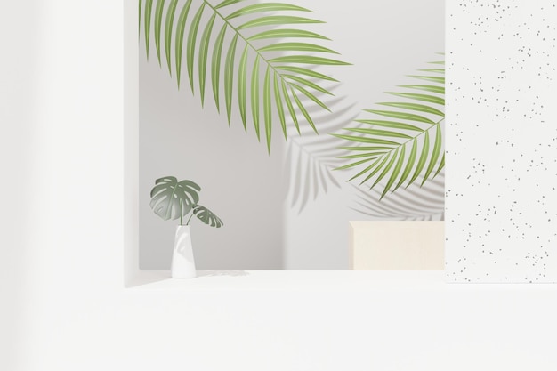 3d render abstrakcyjnego wyświetlacza podium z tropikalnymi liśćmi Monstera. Koncepcja produktu i promocji dla reklamy. Zielone tło naturalne.