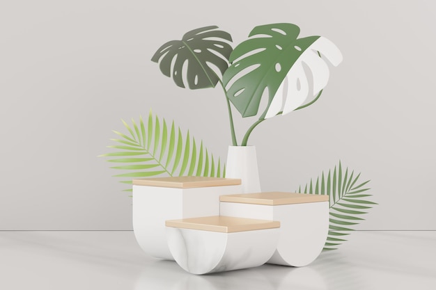 3d render abstrakcyjnego wyświetlacza podium z tropikalnymi liśćmi Monstera. Koncepcja produktu i promocji dla reklamy. Zielone tło naturalne.