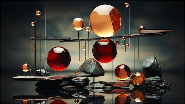 Zdjęcie 3d render abstrakcyjnej kompozycji geometrycznej ze szklanymi kulkami na drewnianym stojaku