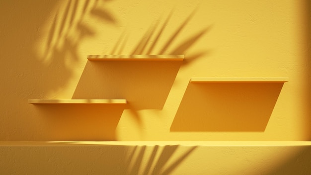 3d render abstrakcyjny letni żółty tło z tropikalnymi liśćmi cieniem i jasnym słońcem