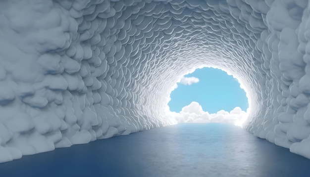 3d render abstrakcyjny minimalne niebieskie tło z białymi chmurami latającymi z tunelu
