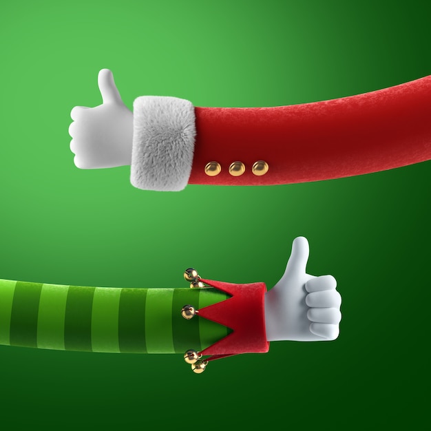 3d render Boże Narodzenie ręka jak gesty kciuk w górę clipart na zielonym tle
