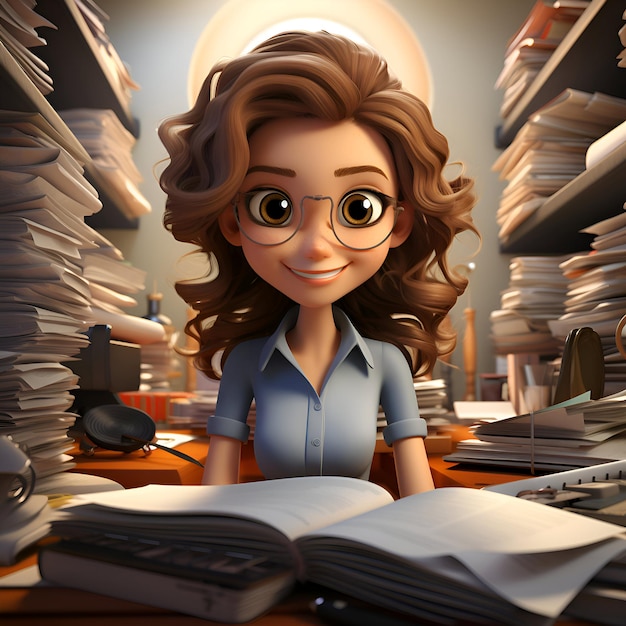 3D Render Cartoon Businesswoman w miejscu pracy w biurze