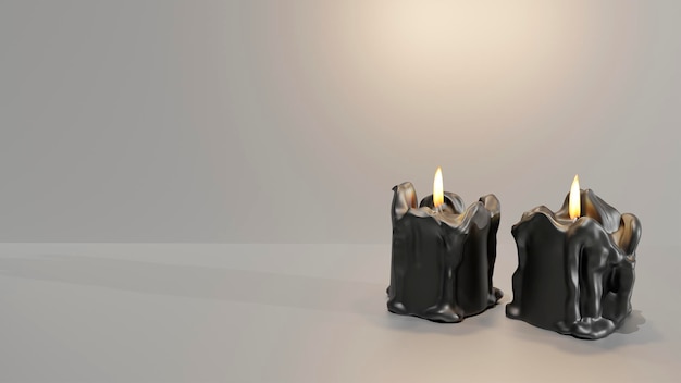3D render czarnych płonących świec na białym tle. Puste miejsce na tekst Tło na Boże Narodzenie