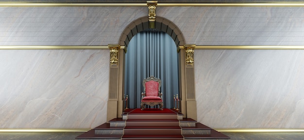 3d render czerwonego królewskiego tronu, sali tronowej, czerwonego dywanu prowadzącego do luksusowego tronu