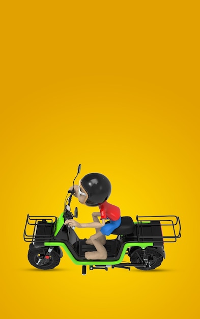 3d render Człowiek dostawy jadący motocyklem elektrycznym na żółtym tle