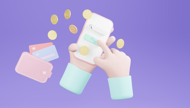 Zdjęcie 3d render dłoni ze smartfonem i kilkoma monetami na fioletowym tle