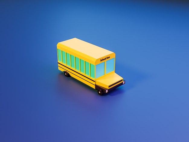 Zdjęcie 3d render drzew i autobusu szkolnego na niebieskim tle w neonowych kolorach. powrót do koncepcji szkoły