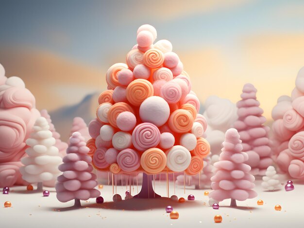 3d render drzewka świątecznego wykonanego z różowych i białych cukierków na eleganckim tle