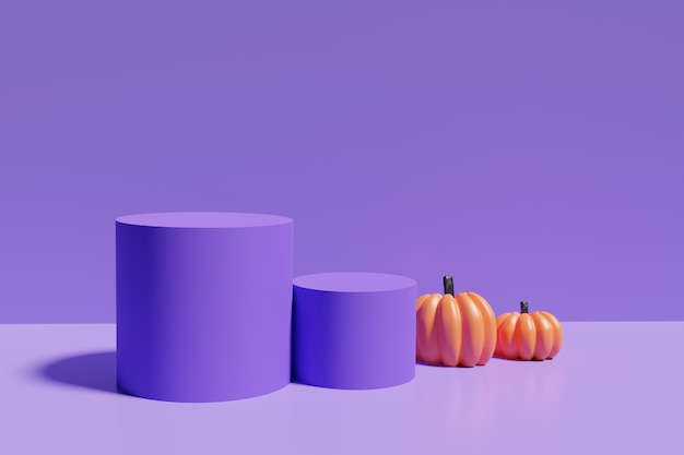 3d render fioletowych podium z pomarańczowymi dyniami na fioletowym tle dla projektu Halloween