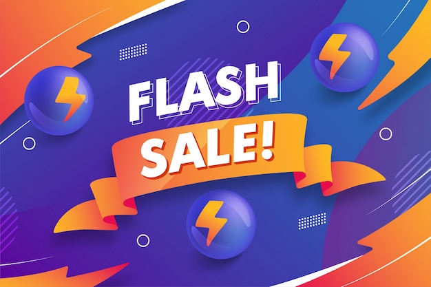 3d render flash sprzedaż tekstu na pomarańczowym łuku z błyskawicami wokół na niebieskim i pomarańczowym tle