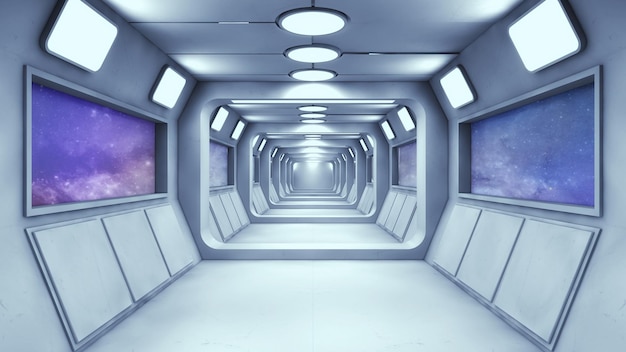 3D Render Futurystyczny korytarz wewnętrzny statku kosmicznego