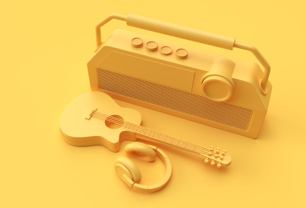 3d Render Gitara Akustyczna Słuchawki Muzyczne Ze Starym Radiem W Stylu Vintage Retro 3d Ilustracji Design.