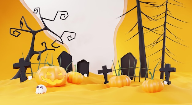 3d Render Happy Halloween Day tło z nocną sceną i uroczym upiornym projektem Halloween dynie czaszka dekoracje duch i pająk na ciemnofioletowym tle Trick or Treat party świętuj