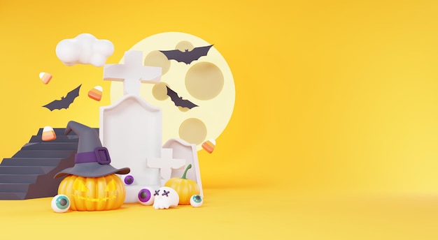 3d Render Happy Halloween Day tło z nocną sceną i uroczym upiornym projektem Halloween dynie czaszka dekoracje duch i pająk na ciemnofioletowym tle Trick or Treat party świętuj