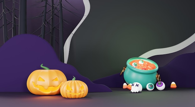 3d Render Happy Halloween Day tło z nocną sceną i uroczym upiornym projektem Halloween dynie czaszka dekoracje duch i pająk na ciemnofioletowym tle Trick or Treat party świętuj