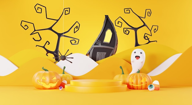 3d Render Happy Halloween Day tło z produktem na stoisku Podium i sceną nocną oraz uroczym upiornym projektem Halloween dynie czaszki dekoracje ducha i pająka na ciemnopomarańczowym tle