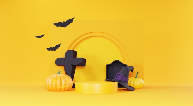 3d Render Happy Halloween Day tło z produktem na stoisku Podium i sceną nocną oraz uroczym upiornym projektem Halloween dynie czaszki dekoracje ducha i pająka na ciemnopomarańczowym tle