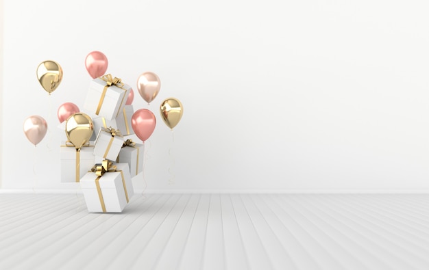 3d render ilustracja błyszczące kolorowe balony i pudełko