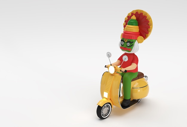 3D Render Kathakali Man Riding Motor Scooter Onam festiwal Południowych Indii Kerala.