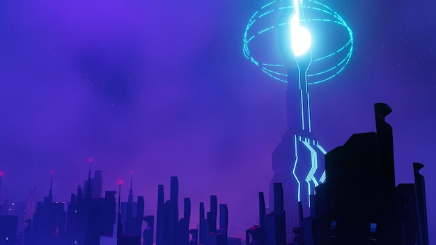 3d render koncepcji nocnego krajobrazu miasta Cyber punk Światło świecące na ciemnej scenie Życie nocne Sieć technologiczna dla 5g Poza generacją i futurystyczną sceną SciFi Stolica i scena budynku