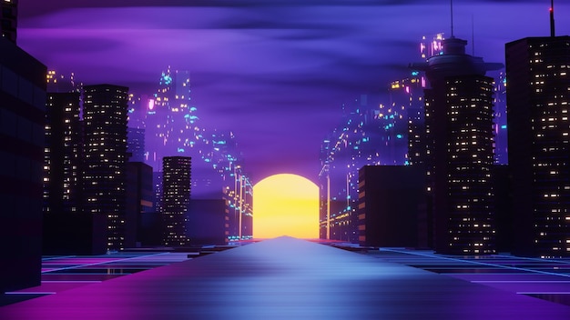 3d render koncepcji nocnego krajobrazu miasta Cyber punk Światło świecące na ciemnej scenie Życie nocne Sieć technologiczna dla 5g Poza generacją i futurystyczną sceną SciFi Stolica i scena budynku
