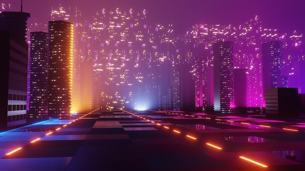 3d render koncepcji nocnego krajobrazu miasta Cyber punk Światło świecące na ciemnej scenie Życie nocne Sieć technologiczna dla 5g Poza generacją i futurystyczną sceną SciFi Stolica i scena budynku