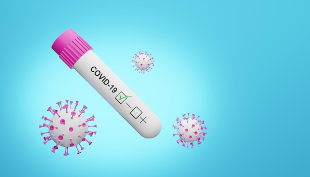 3D render koronawirusa i negatywny test na COVID-19