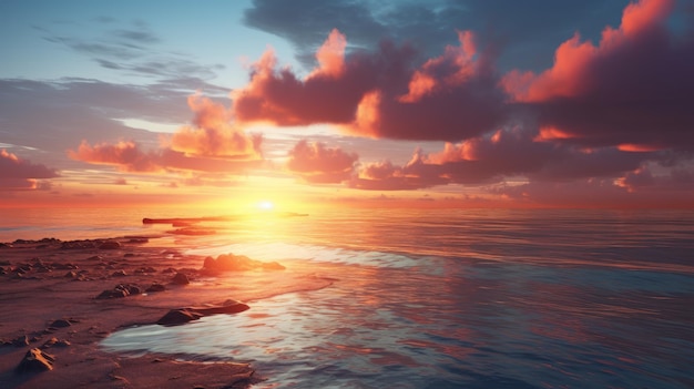 3d render krajobrazu przybrzeżnego na zachodzie słońca