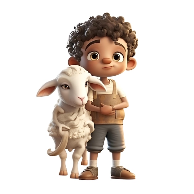 3d render małego afroamerykańskiego chłopca z owieczką na białym tle