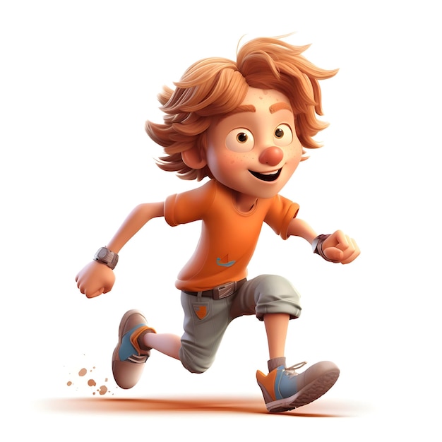 Zdjęcie 3d render małego chłopca biegającego na białym tle z cieniem