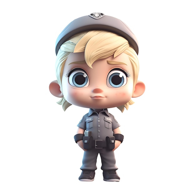3D render małego chłopca z czapką policjanta na białym tle