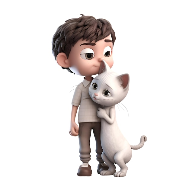 3D Render małego chłopca z kotem na białym tle