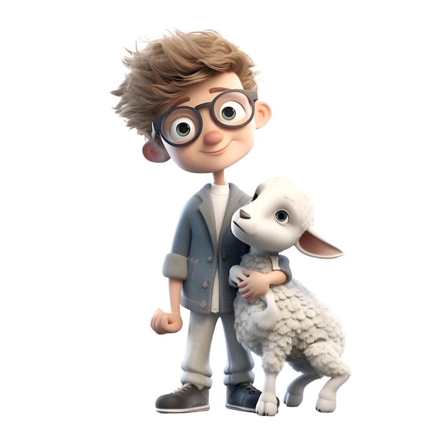 3D render małego chłopca z owcami izolowanymi na białym tle
