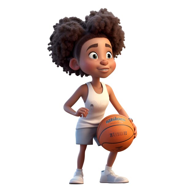 3D Render Małej Afroamerykańskiej Dziewczyny z piłką do koszykówki izolowaną na białym tle